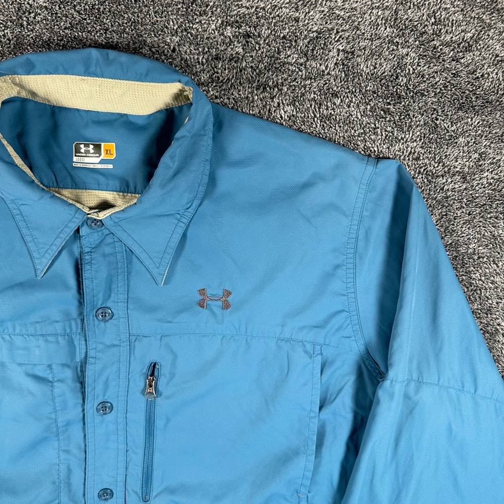 Under Armour Fishing Shirt Mens XL Loose Blue Button Vented Long Sleeve Hiking